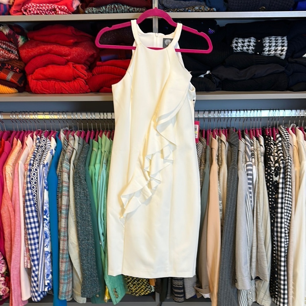 Vince Camuto white front ruffle sleeveless back zipper dress size 4 NWT
